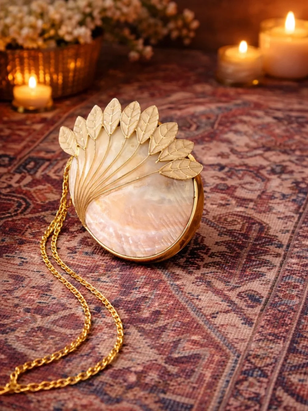 Mother of Pearl Shell Clutch Bag | Gold Leaf Evening Purse